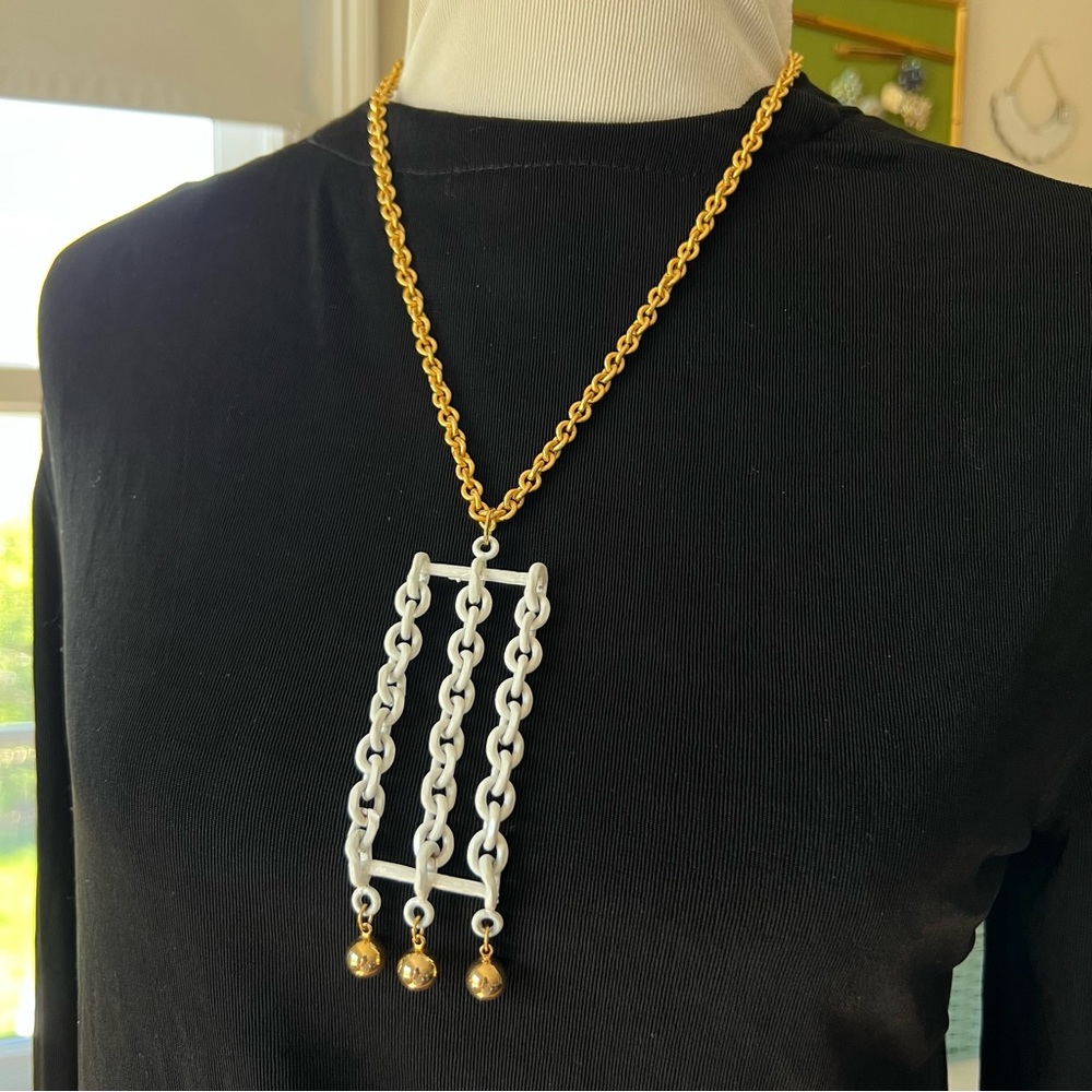 Vintage 60s Roget Necklace Gold White Metal Modernist MCM Pendant Chain - Picture 8 of 8